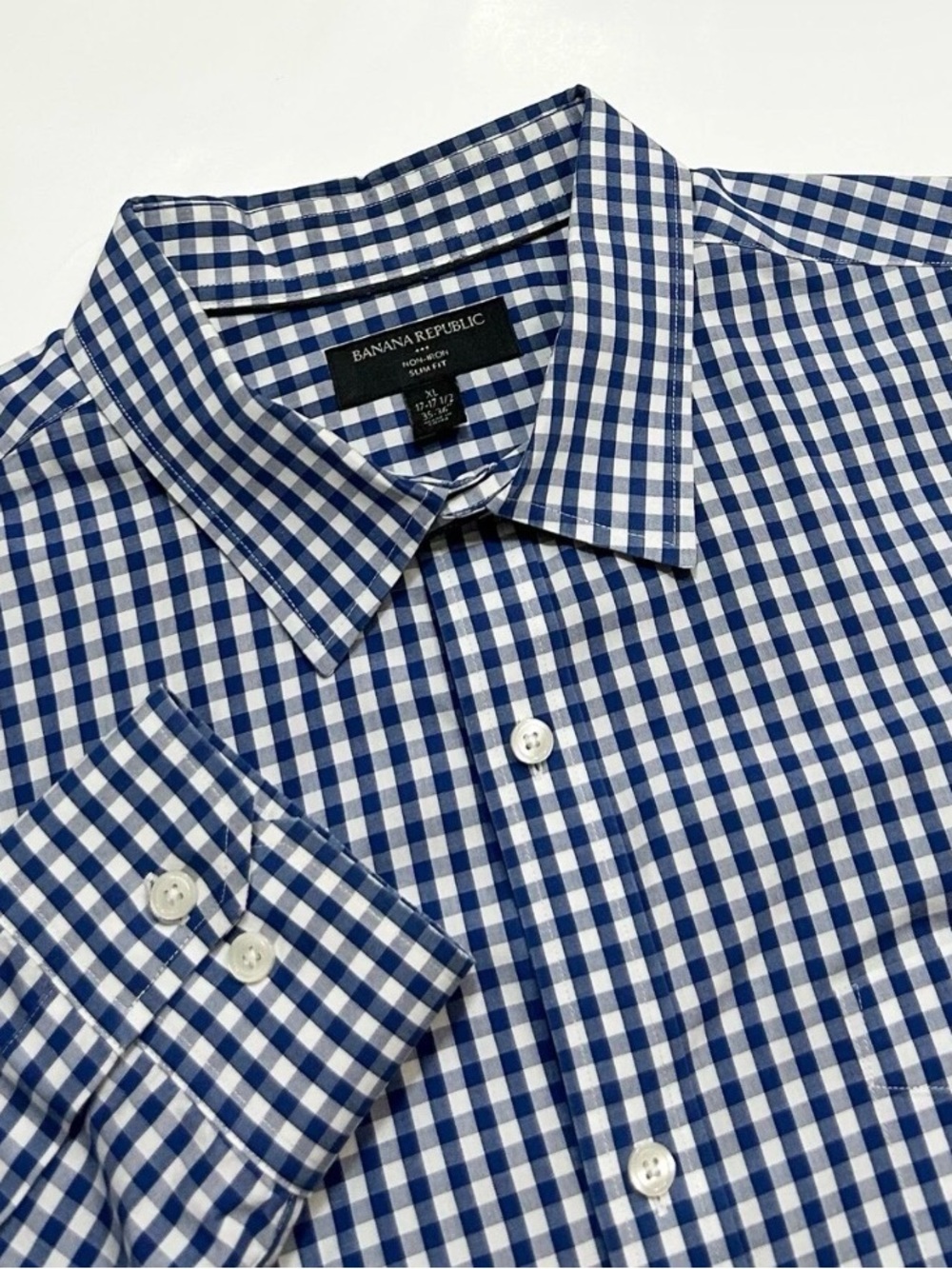 Banana Republic Men's Blue & White Gingham Plaid Non Iron Tailored Slim Fit XL